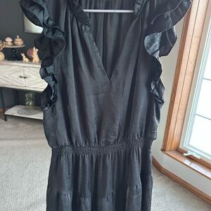 Steve Madden Black Ruffle Midi Dress with V-Neck